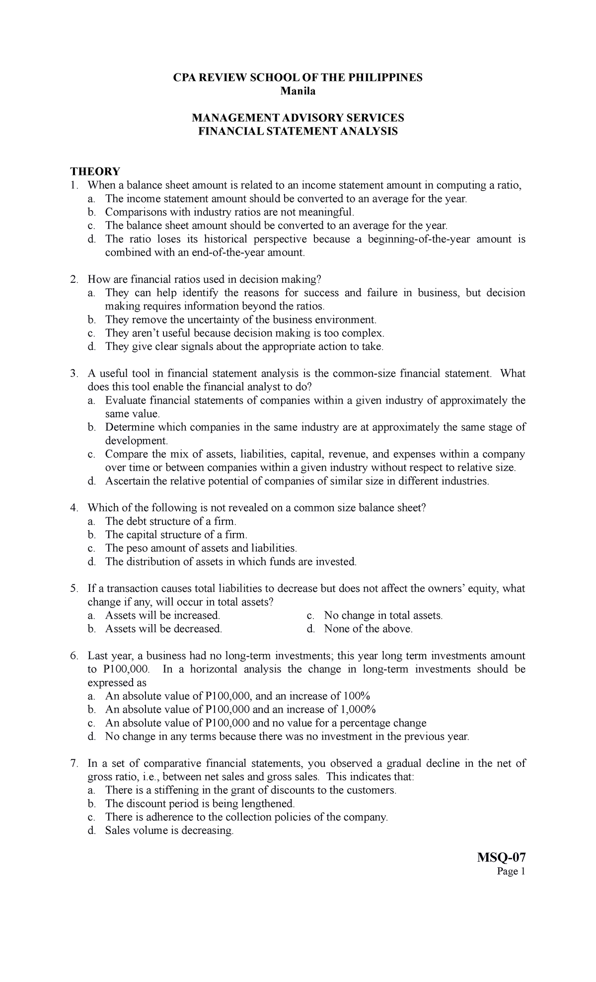 Financial Statement Analysis: Key Insights and Concepts - MAS 101 - Studocu