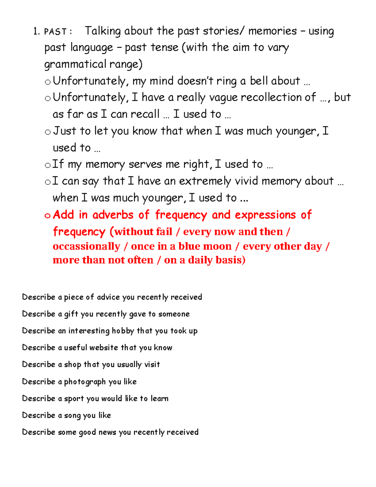 IELTS Speaking Part 2: Structuring Past Memories and Experiences - Studocu