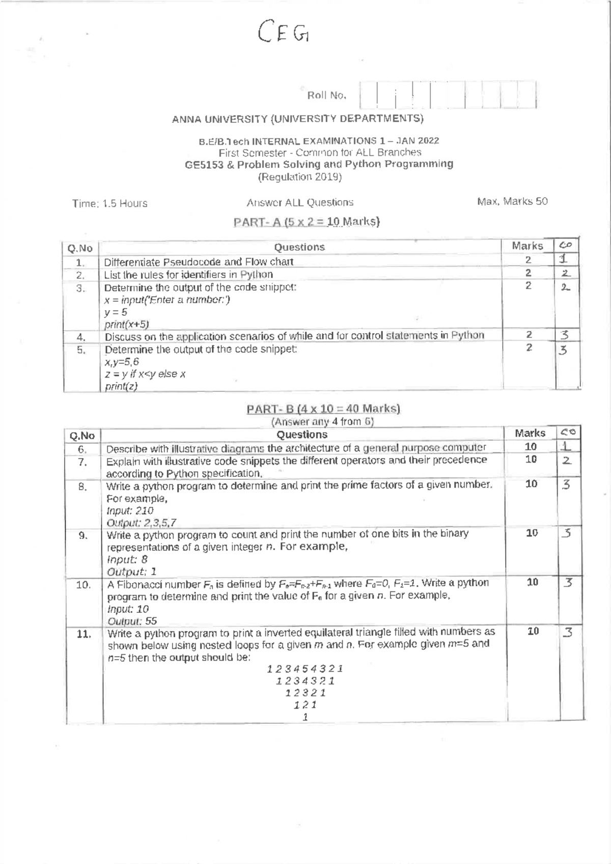 GE5153 Problem Solving and Python Programming Internal Exam QPs - Studocu
