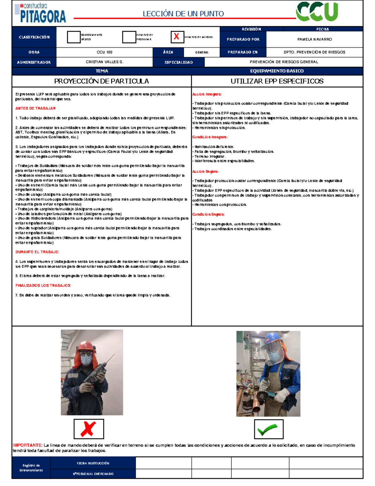 LUP CCU 100: Protección Visual y Uso de EPP en Proyección de Partículas ...