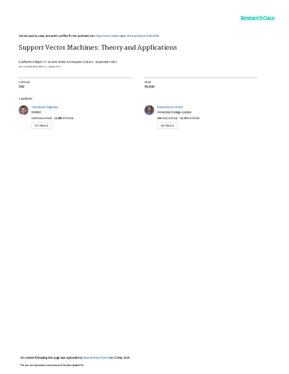 Support Vector Machines: Theory & Applications - ACAI 99 Workshop - Studocu