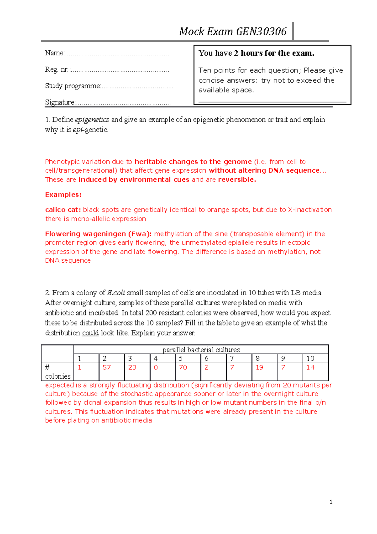Mock Exam Answers for Gen30306: Epigenetics & Genetics Concepts ...