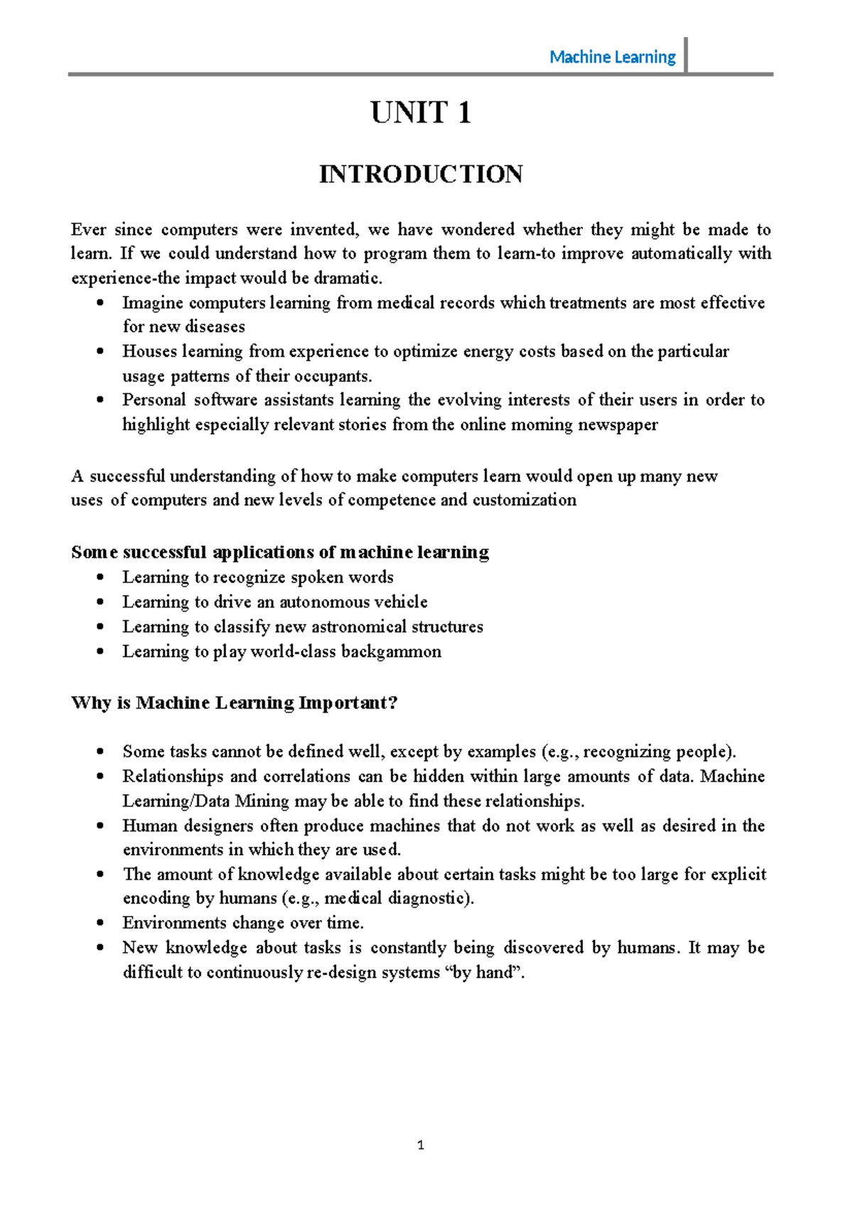 Updated Machine Learning Lecture Notes (DS602PC) - Unit-Wise Breakdown ...