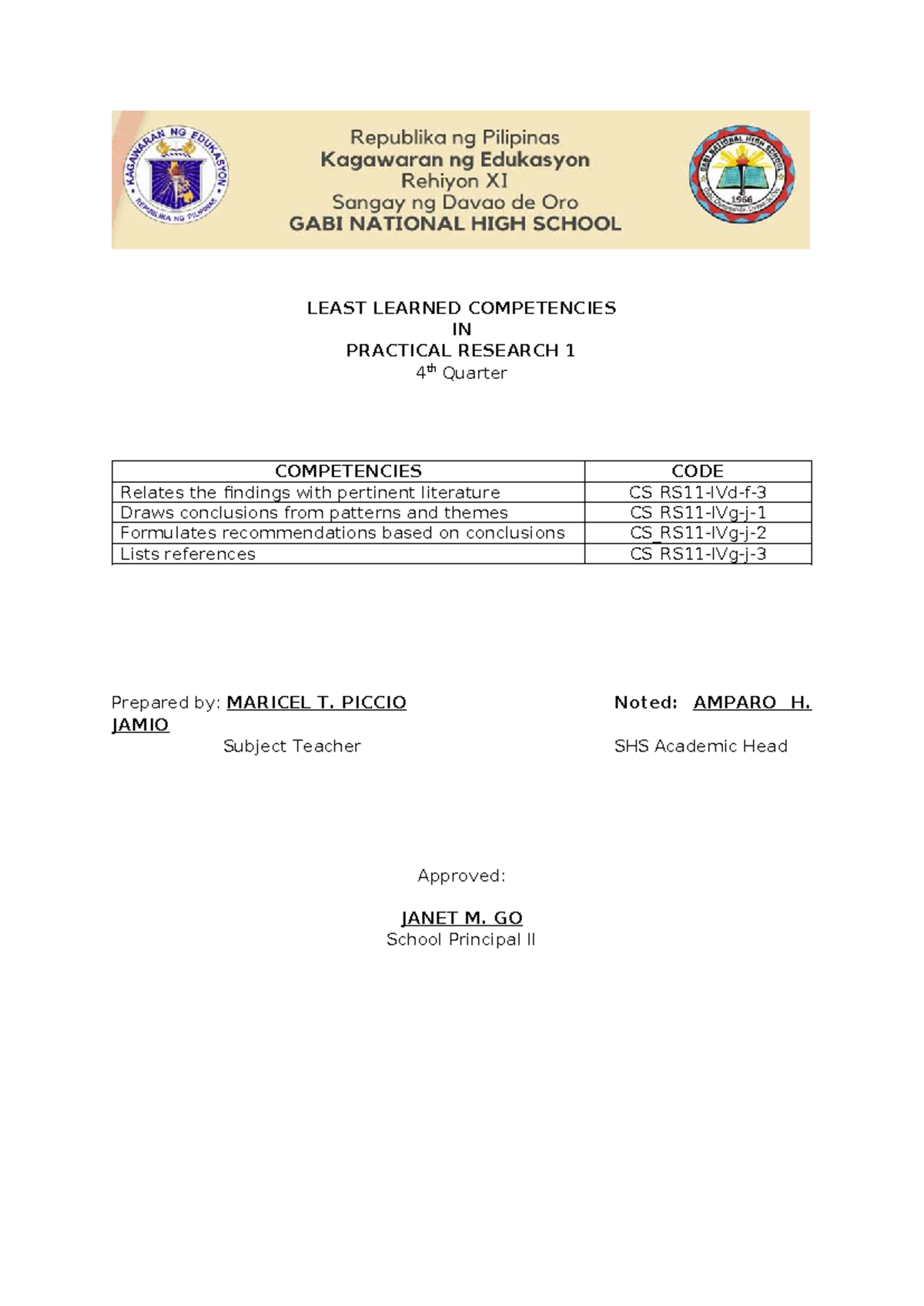 Least Learned Competencies in Practical Research 1 (4th Quarter) - Studocu