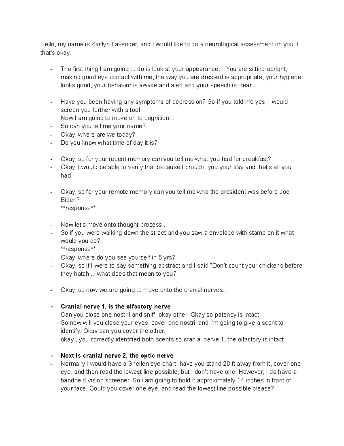 Neurological Assessment Script for Check-Offs - Studocu