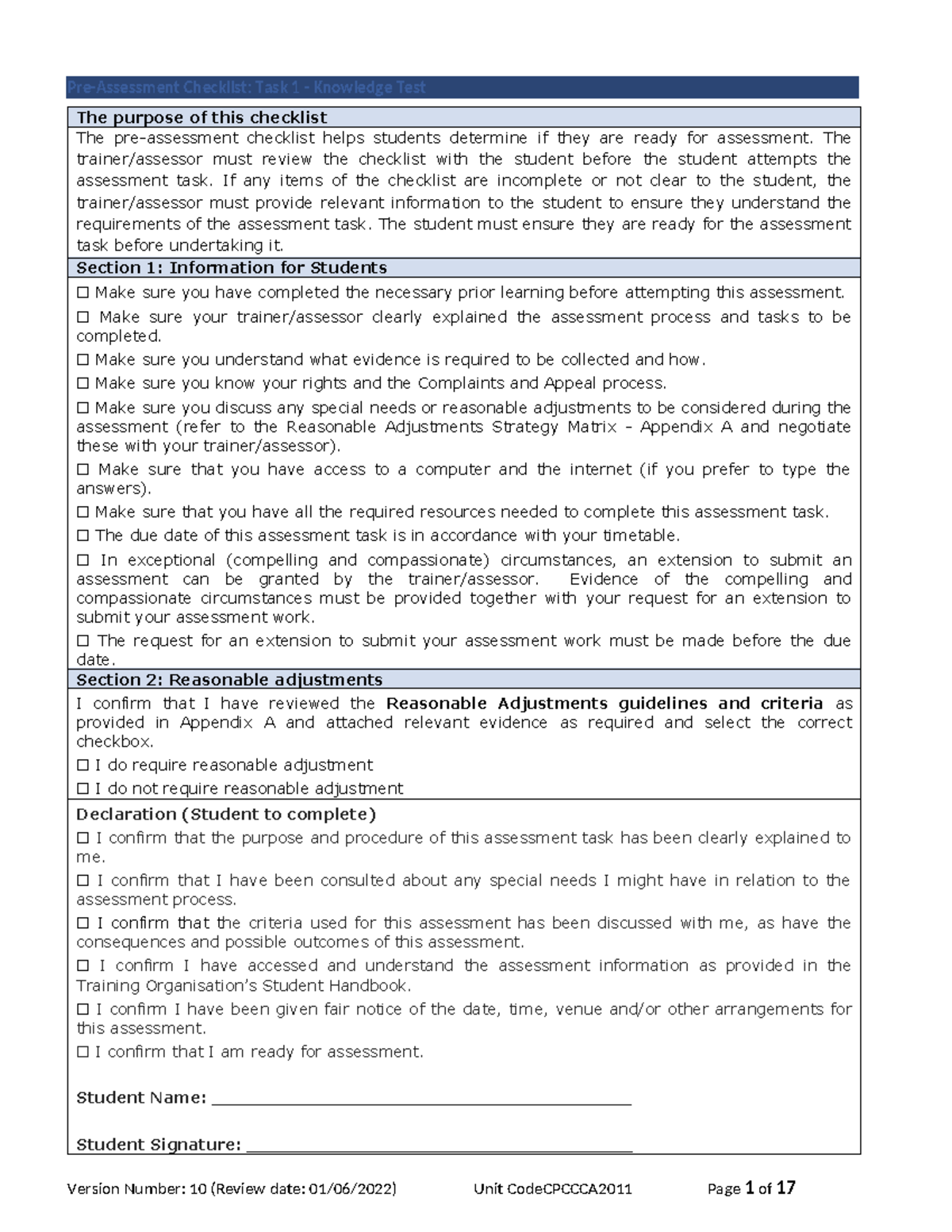 Assessment 1: Knowledge Test Checklist for Carpentry Readiness - Studocu