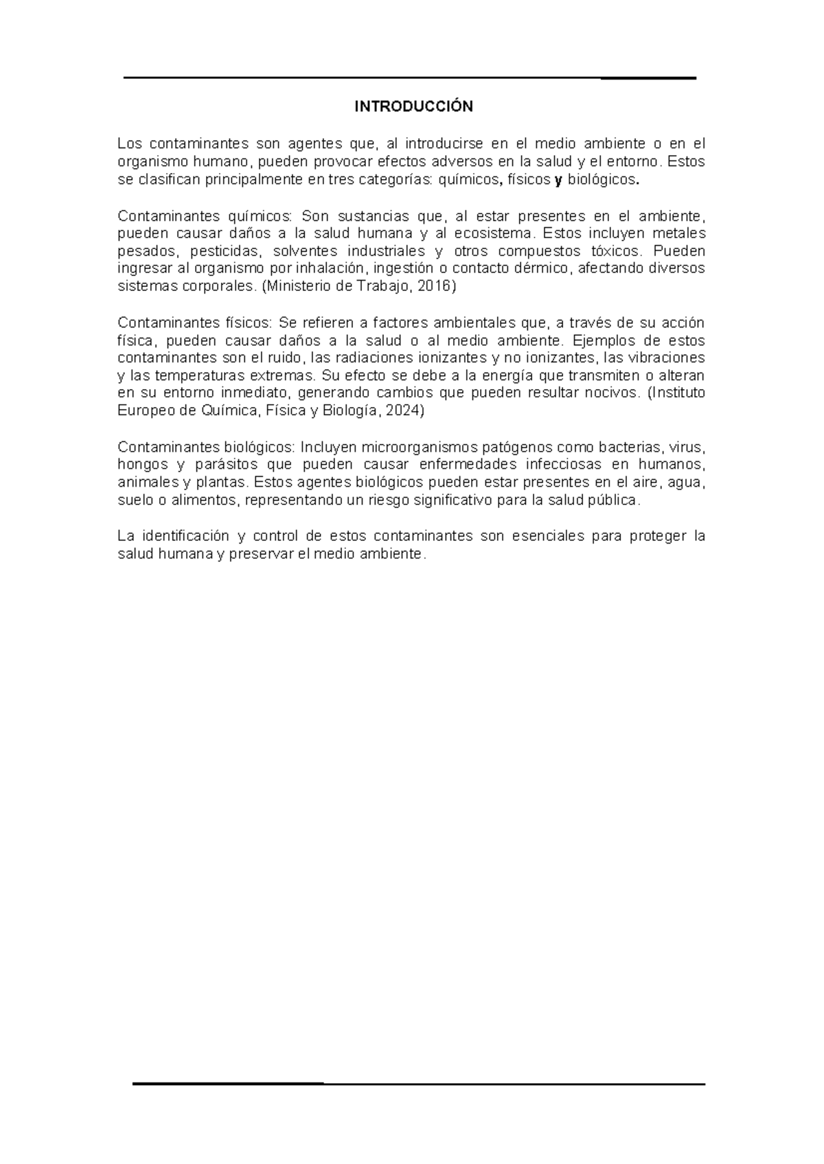 Contaminantes Químicos, Físicos y Biológicos: Análisis y Prevención - Document Preview