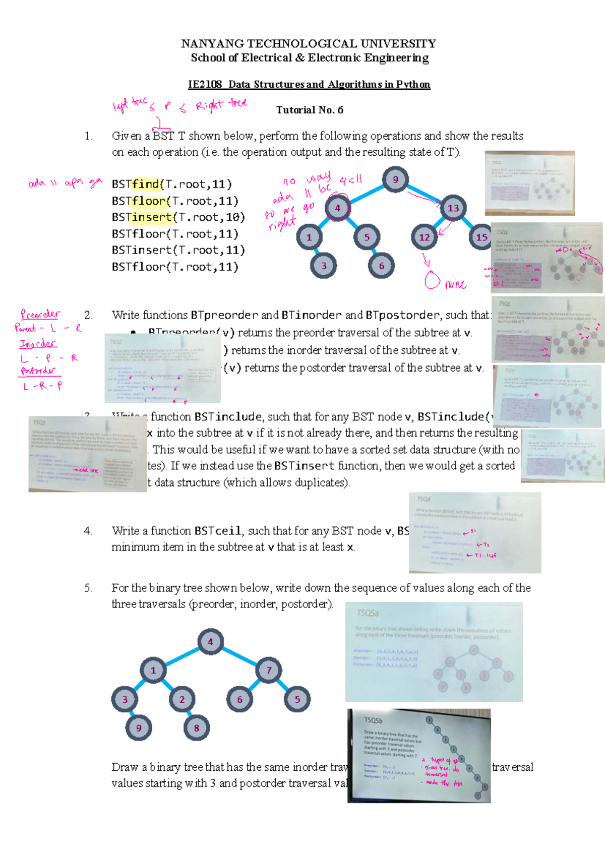 IE2108 Tutorial 6: BST Operations and Tree Traversals in Python - Studocu
