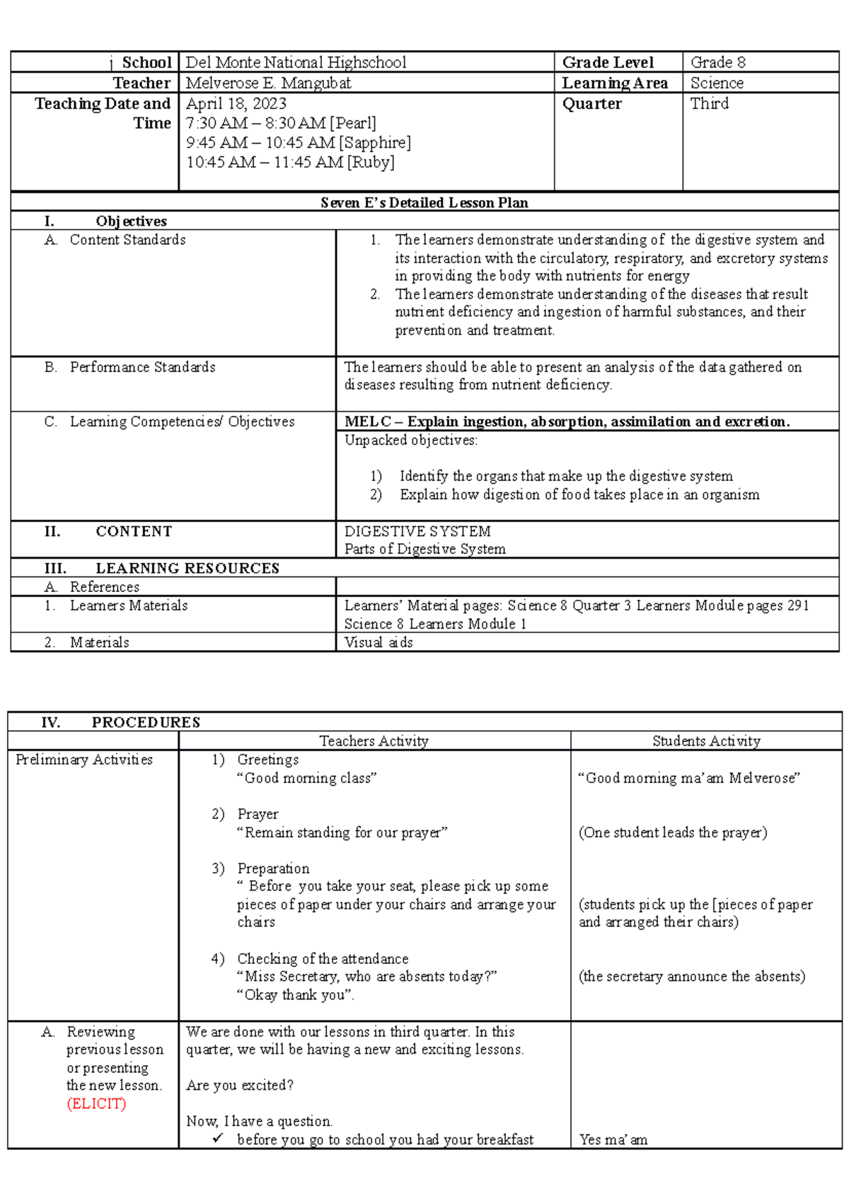 Digestive System - Detailed Lesson Plan for Grade 8 Science - Studocu