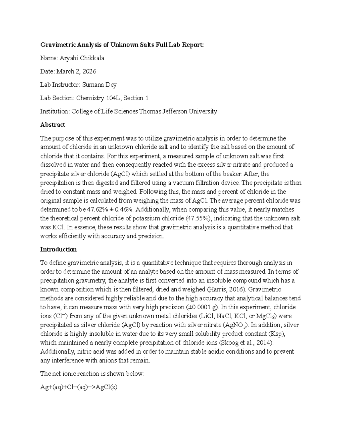 Gravimetric Analysis of Chloride in Unknown Salts - Chem 104L Lab ...