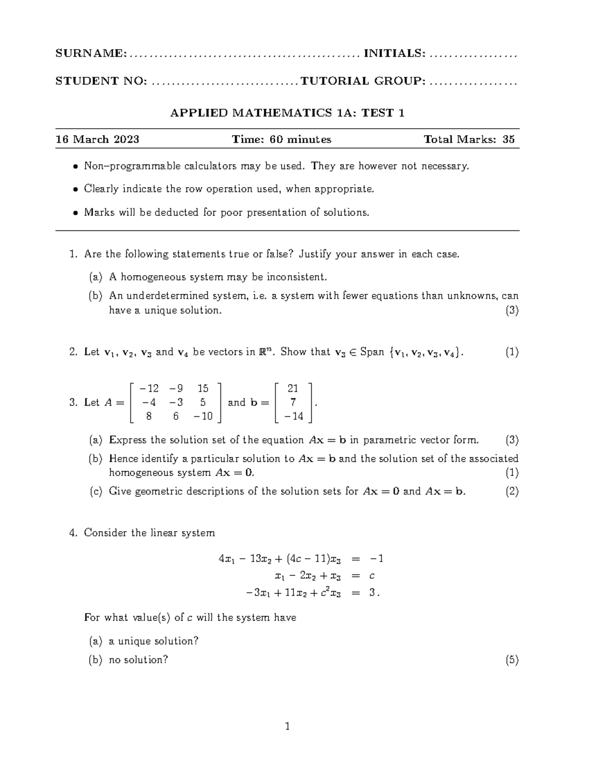 APPLIED MATHEMATICS 1A: TEST 1 - Knowledge Assessment (2023) - Studocu