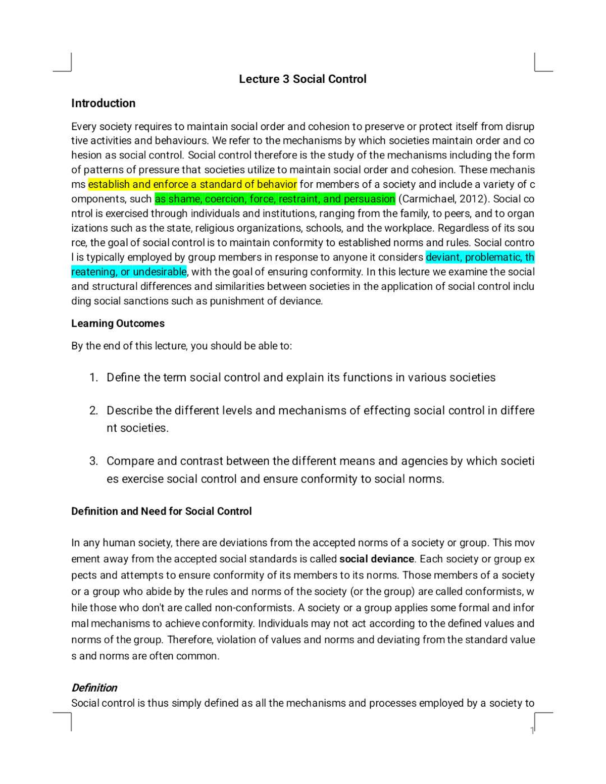 Lecture 3: Understanding Social Control Mechanisms in Society - Studocu