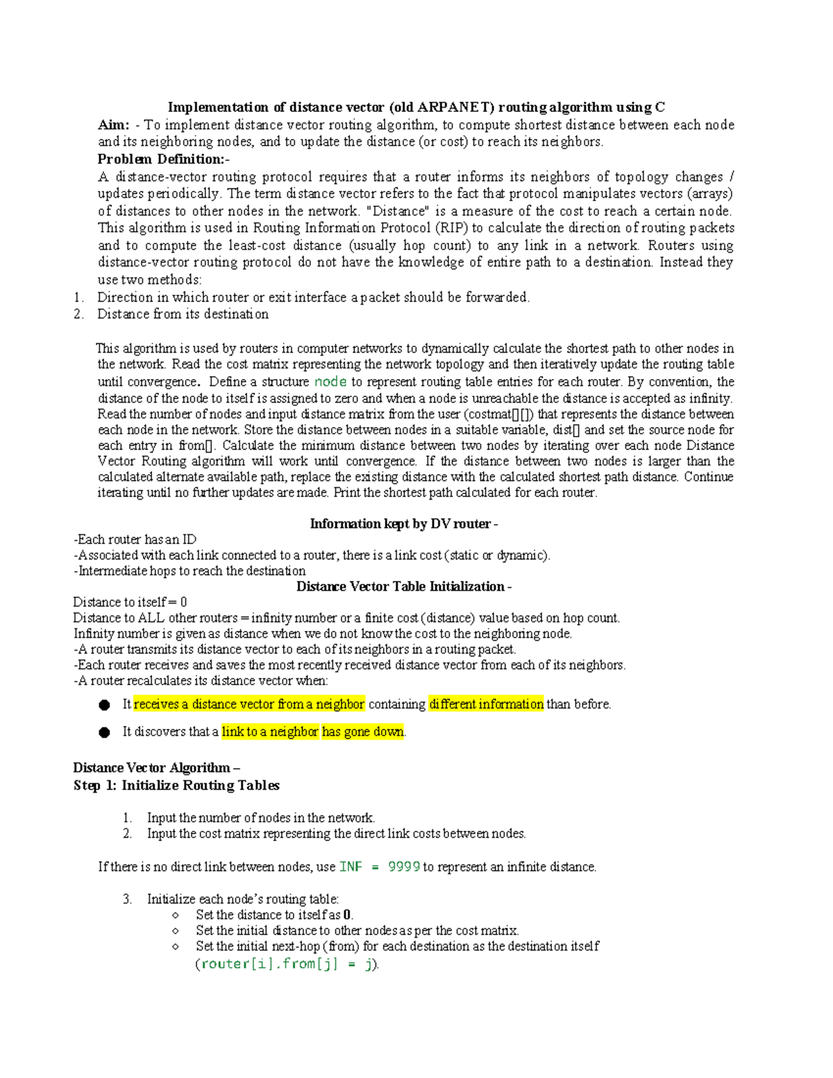 Distance Vector Routing Algorithm Implementation in C (CS 13) - Studocu