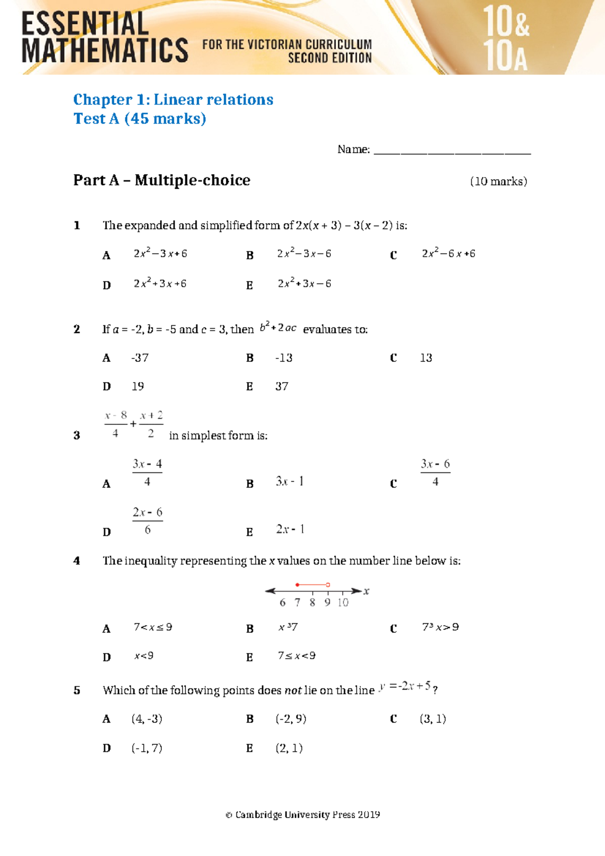 Chapter Test 01A: Linear Relations & Equations (45 Marks) - Studocu