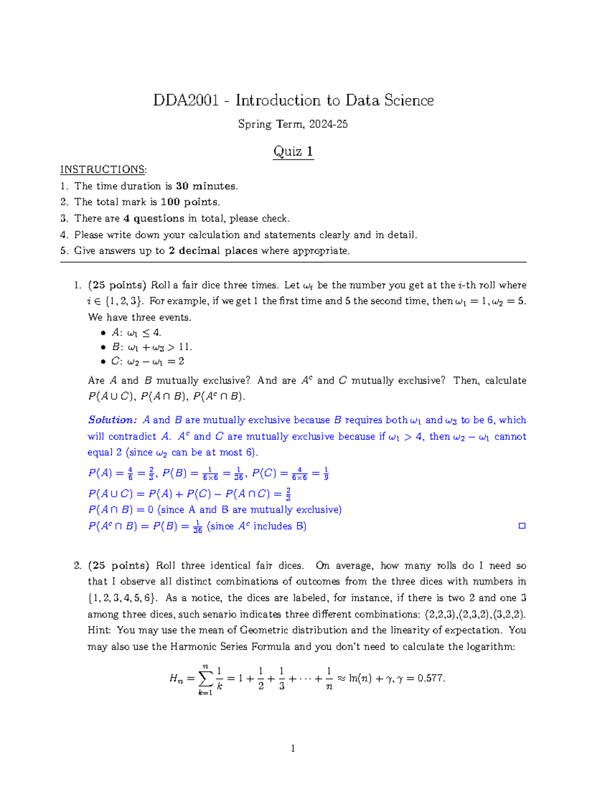 DDA2001 Introduction to Data Science Spring Term, Quiz 1 Solutions ...
