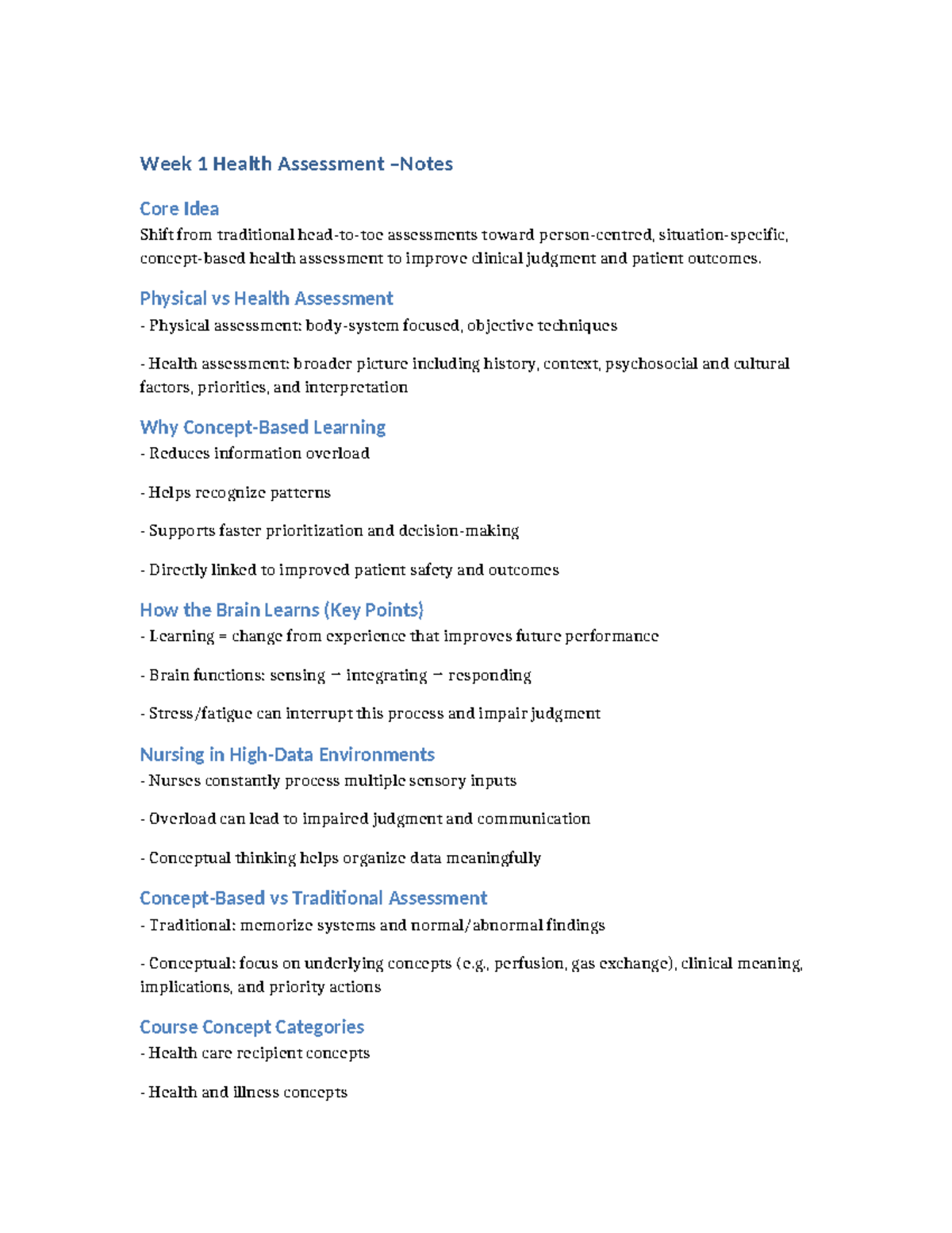 Health Assessment Week 1 Notes: Shifting to Improve Patient Outcomes ...