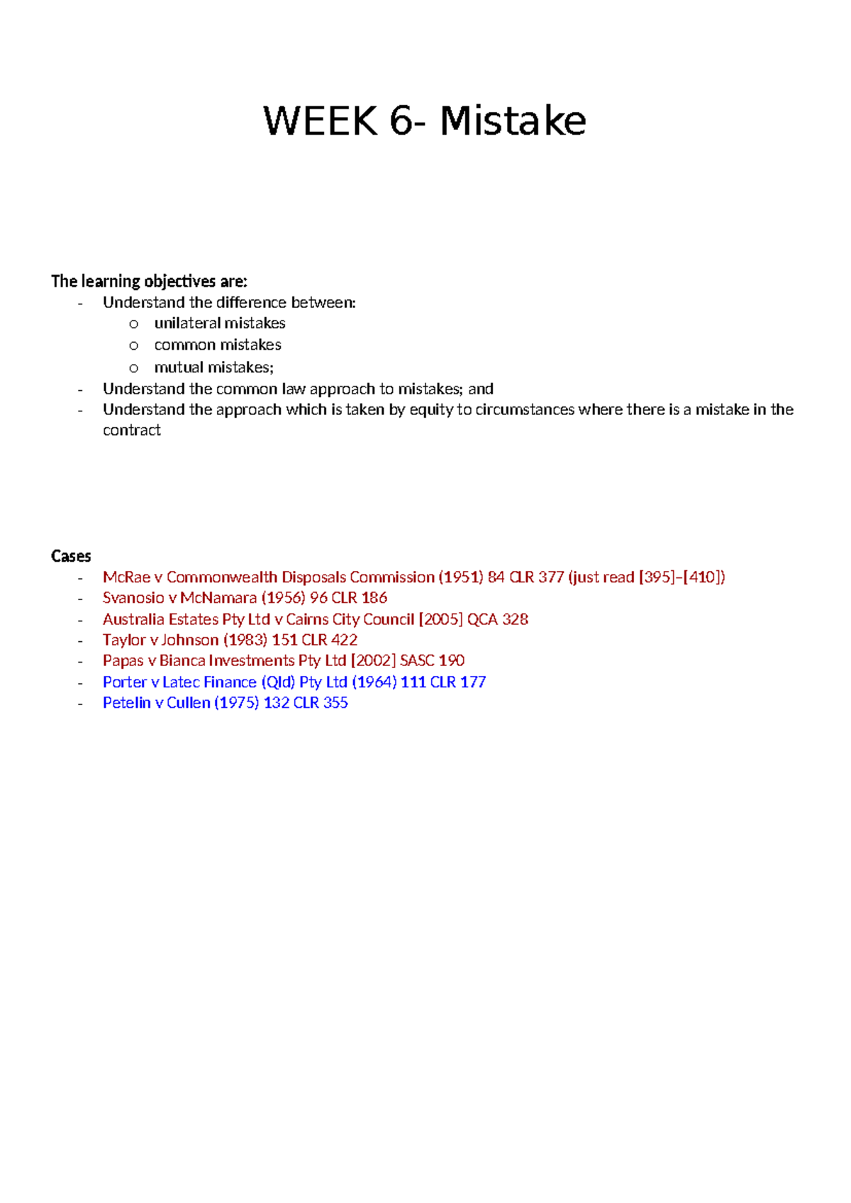 WEEK 6 Notes: Understanding Mistakes in Contract Law - Studocu
