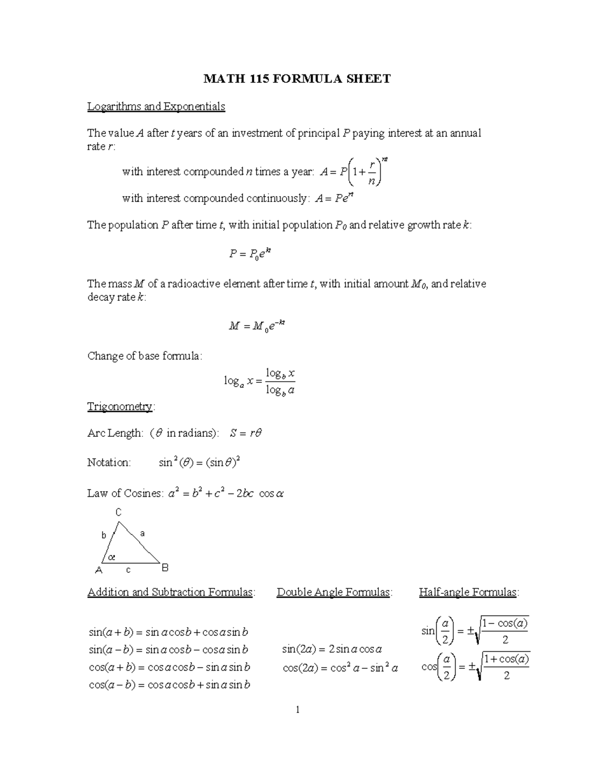 MATH 115 Final Exam Formula Sheet: Logarithms & Exponentials - Studocu