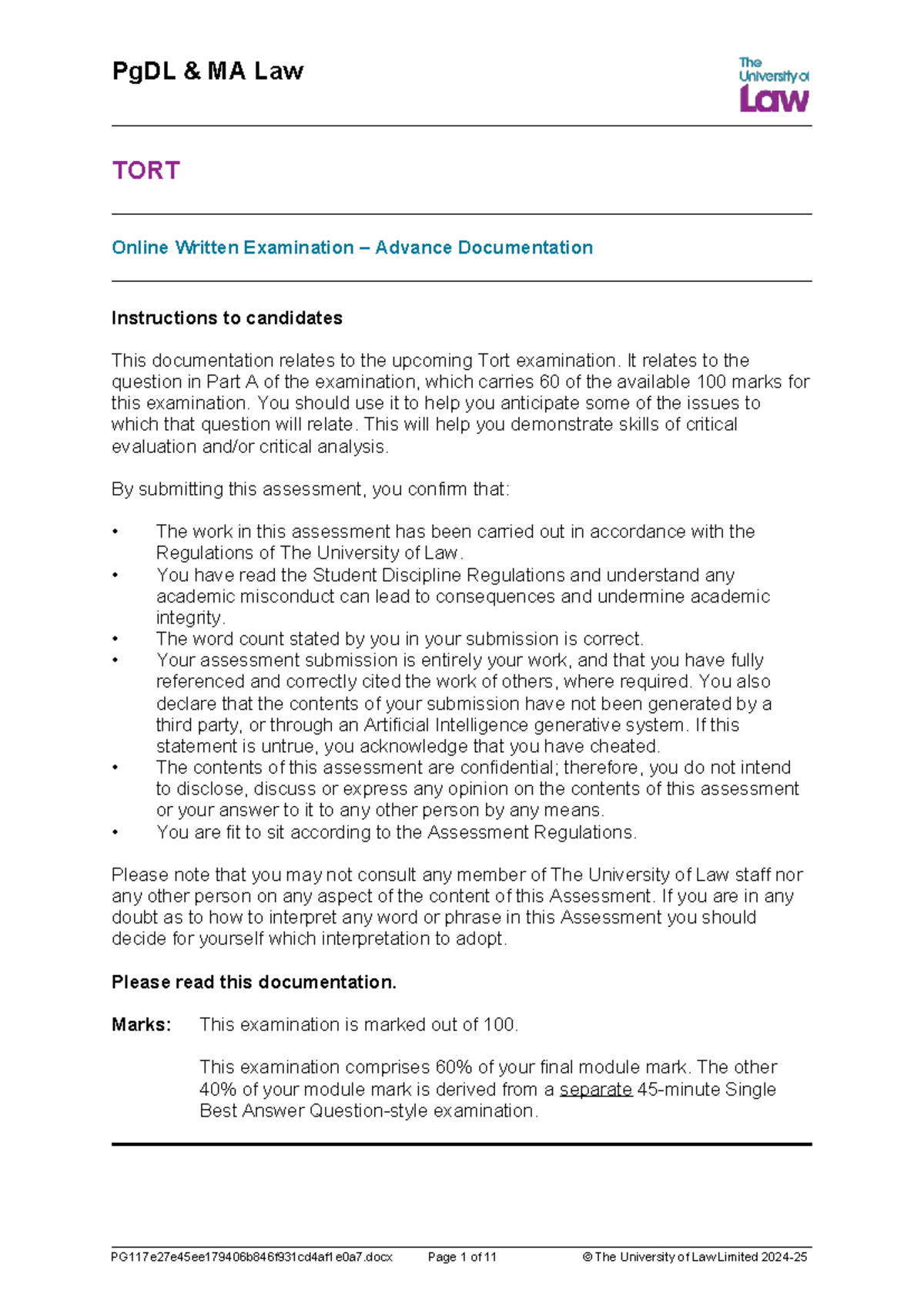 Tort Law Part A: Advanced Documentation Exam Guide for Candidates - Studocu