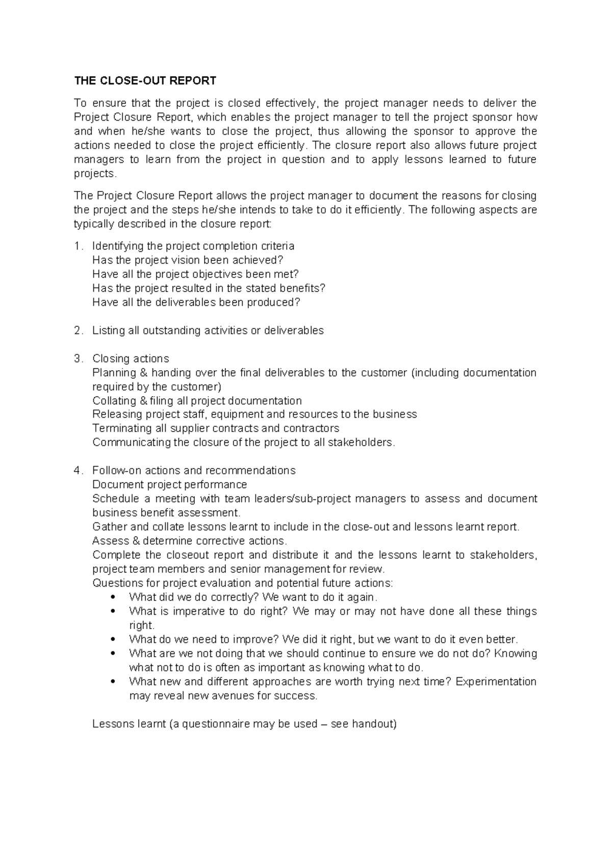 Project Closure Report: Key Steps and Lessons Learned - Studocu