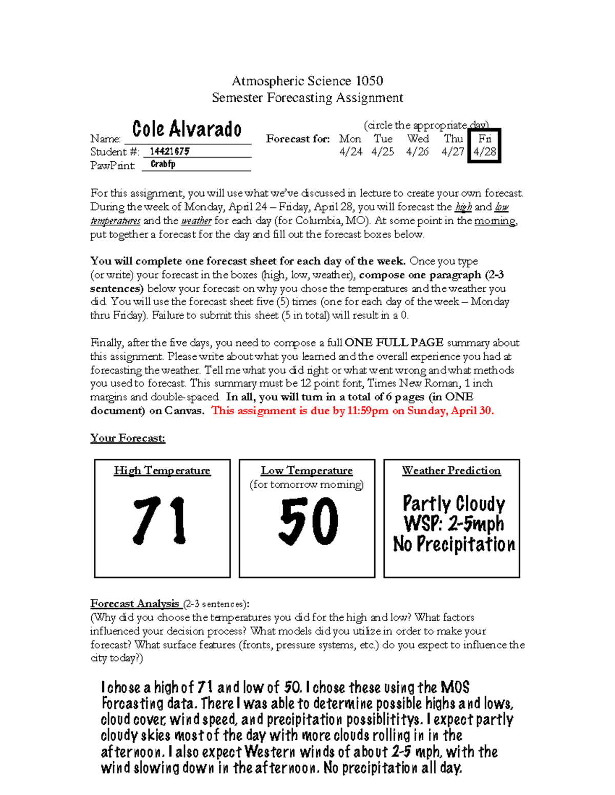 Atmospheric Science 1050 Project: Weekly Weather Forecast Assignment ...