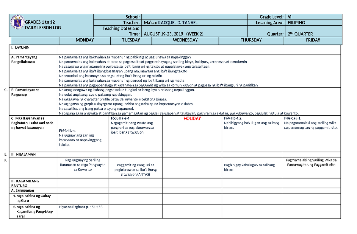 Filipino 6 Q2 W2 Daily Lesson Log by Racquel D. Tanael - Studocu