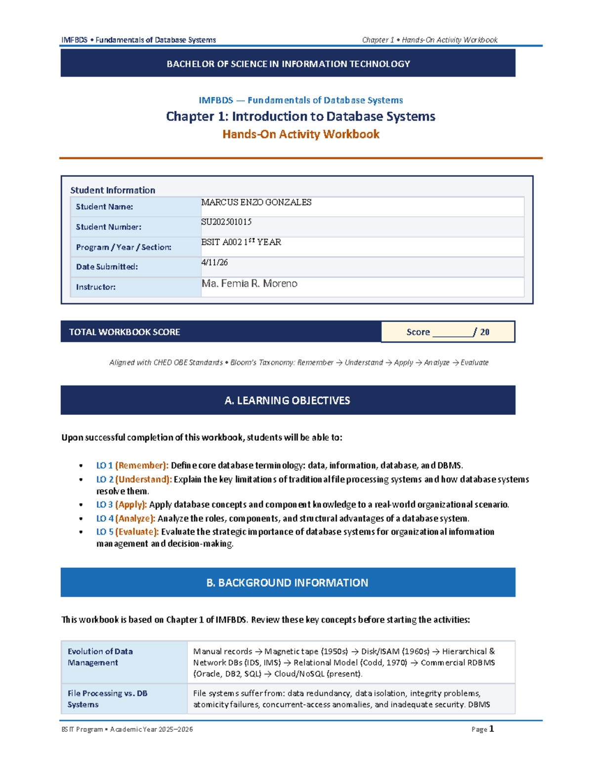 IMFBDS Fundamentals of Database Systems Chapter 1 Activity Workbook ...