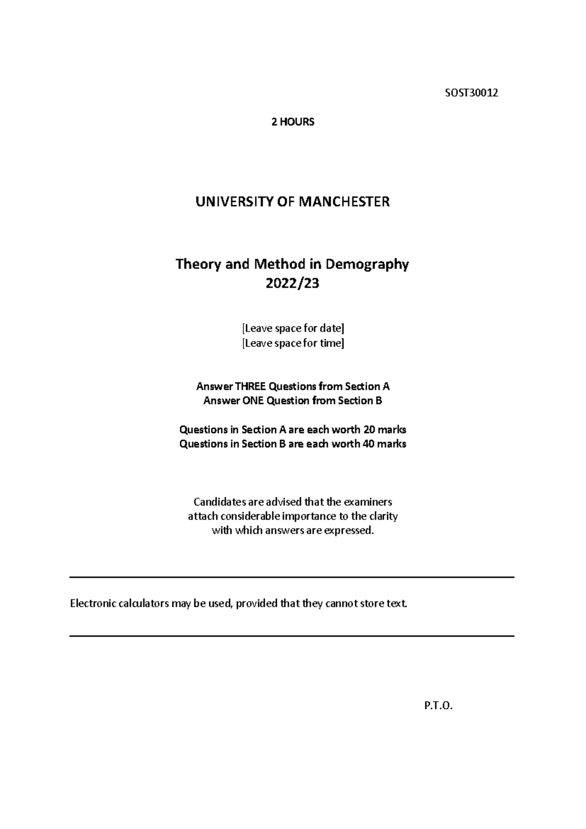 PAST Paper SOST30012 Exam 22 23 - SOST3 0012 2 HOURS UNIVERSITY OF ...