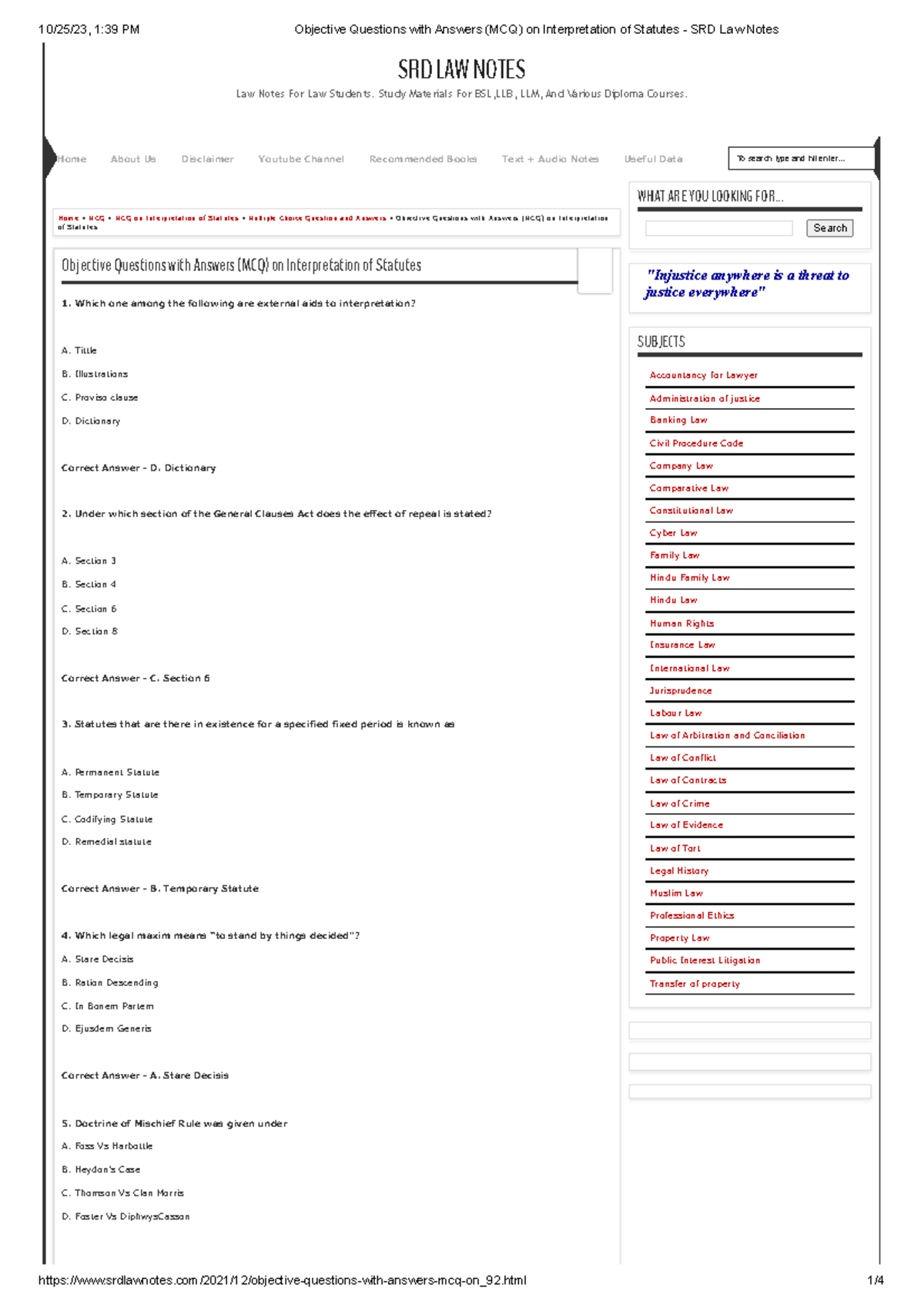Objective Questions with Answers (MCQ) on Interpretation of Statutes ...