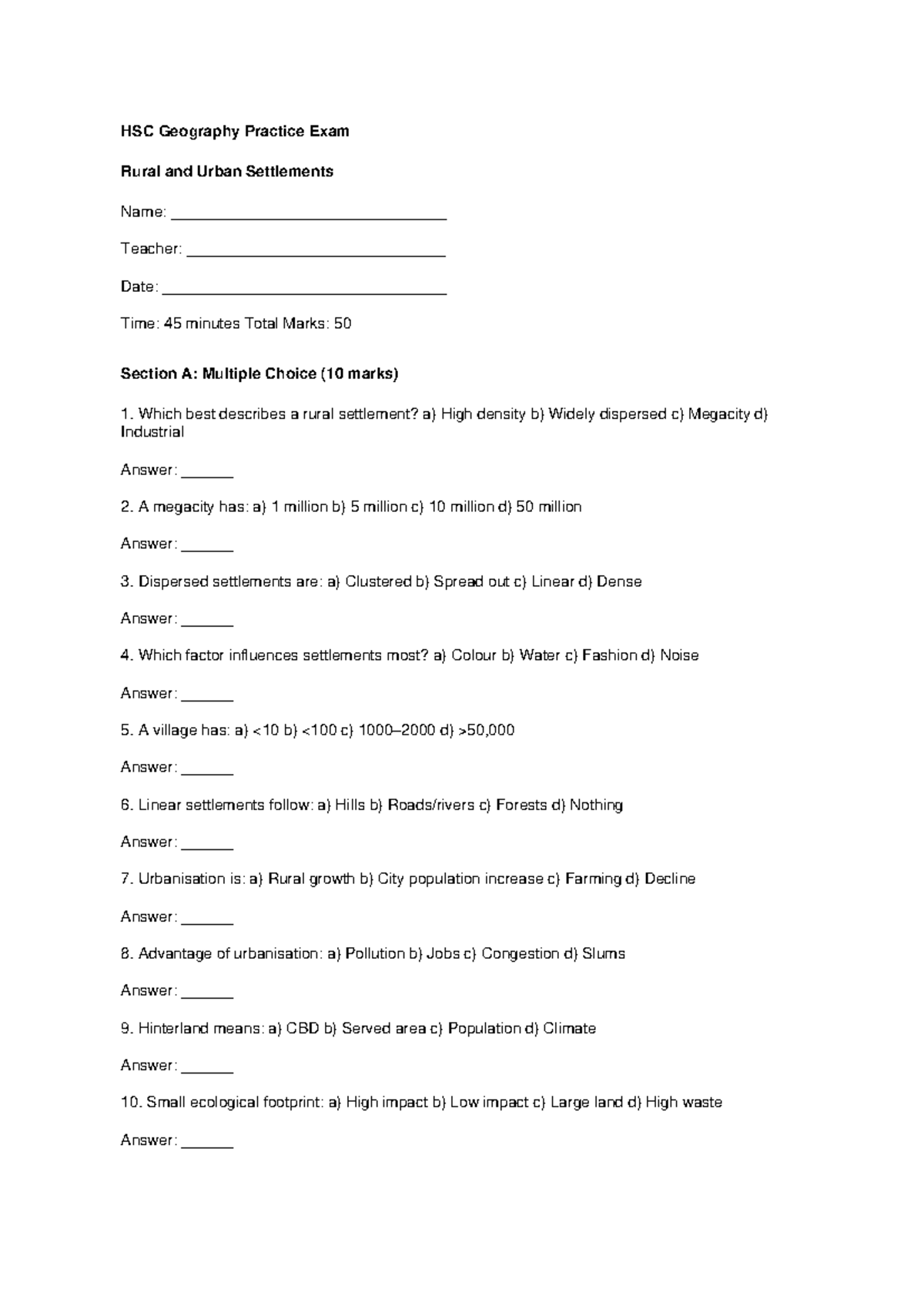 HSC Geography Practice Exam - Rural & Urban Settlements - Studocu