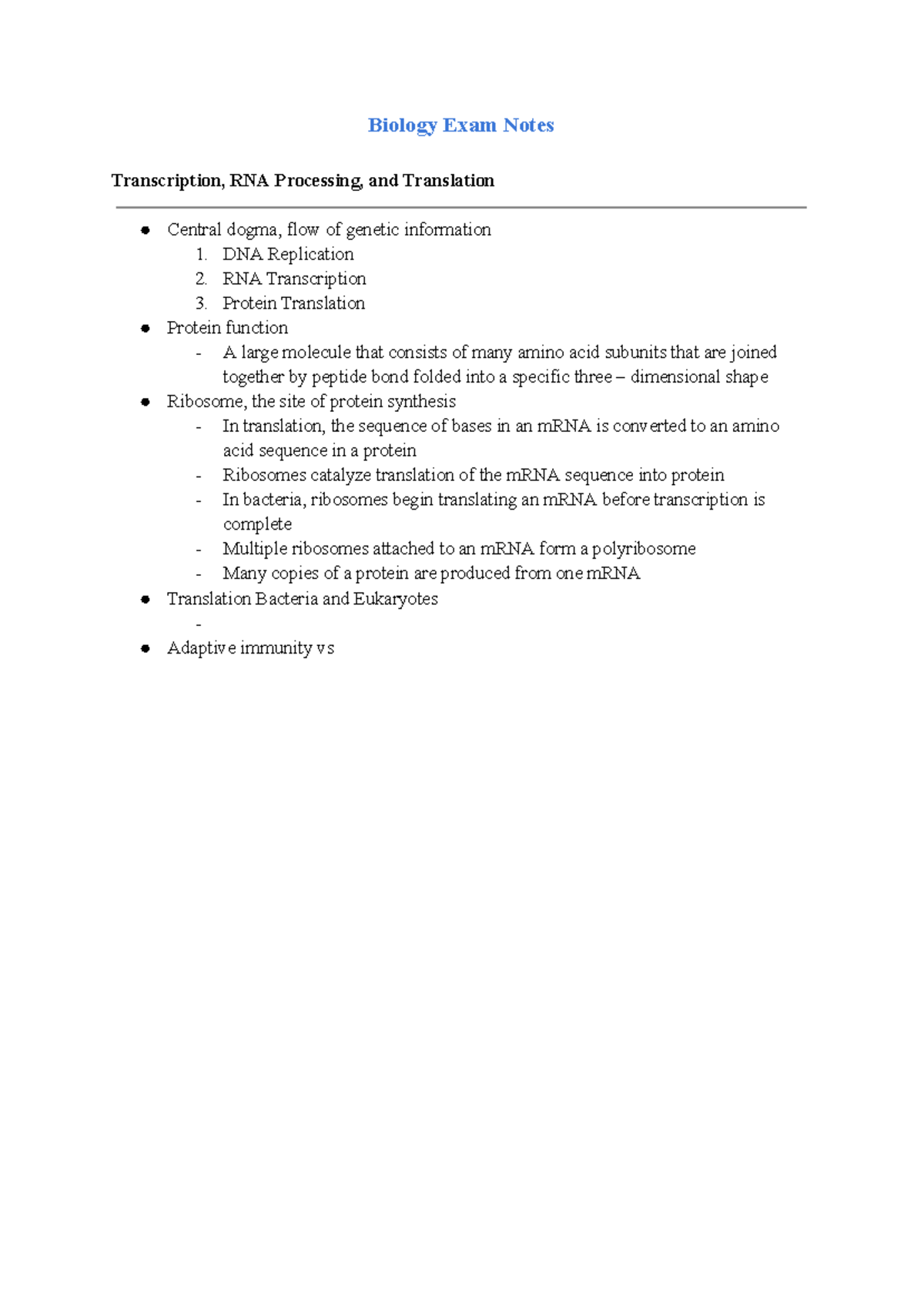 Biology Exam Notes: RNA Processing & Translation (BIO 101) - Studocu