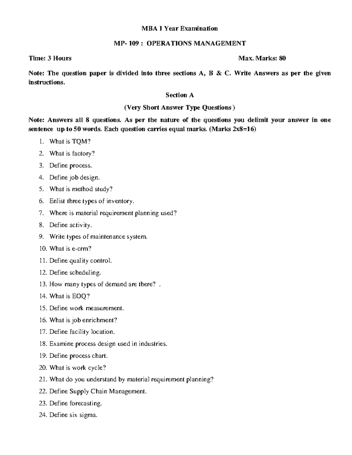 MBA I Year Exam 109: Operations Management Paper Overview - Studocu