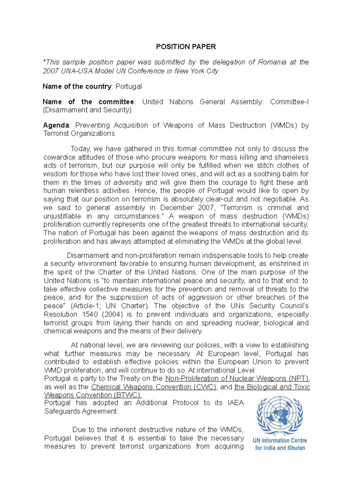 Position Paper: Portugal’s Stance on WMD Proliferation in the UNGA ...