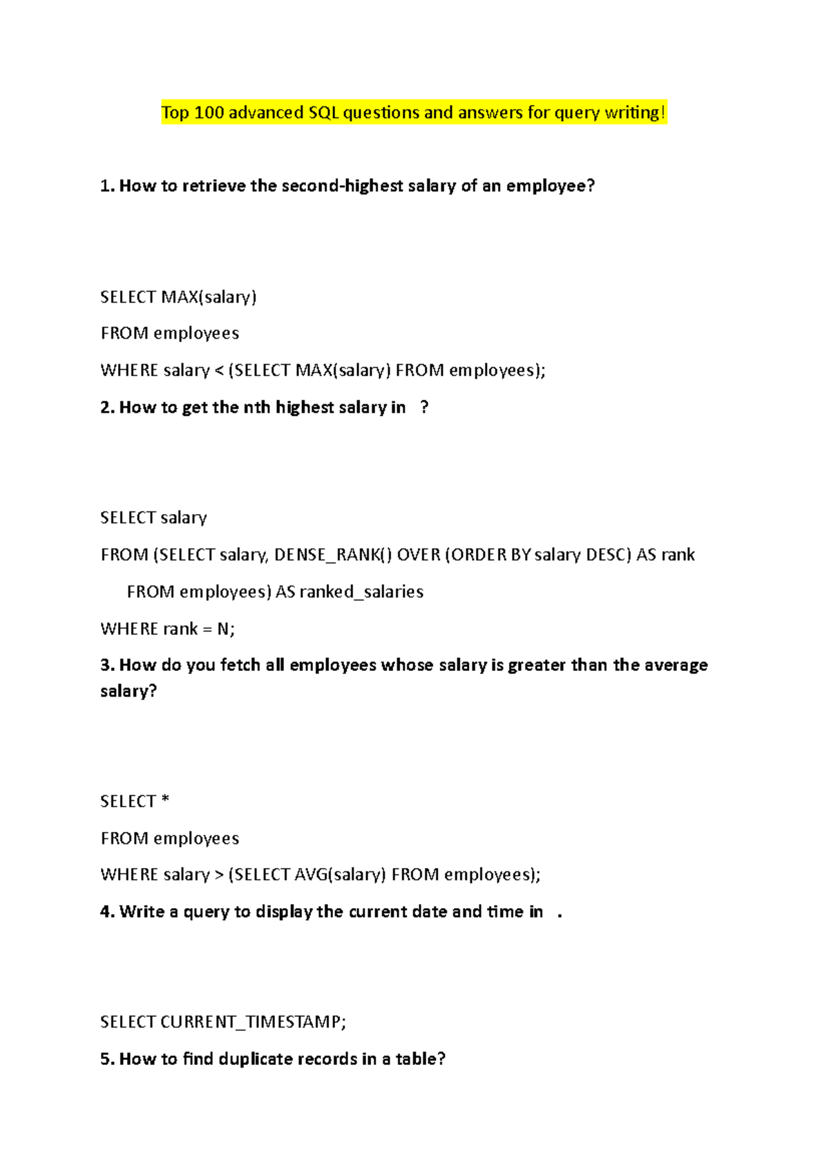 Top 100 Advanced SQL Questions & Answers for Query Writing - Studocu