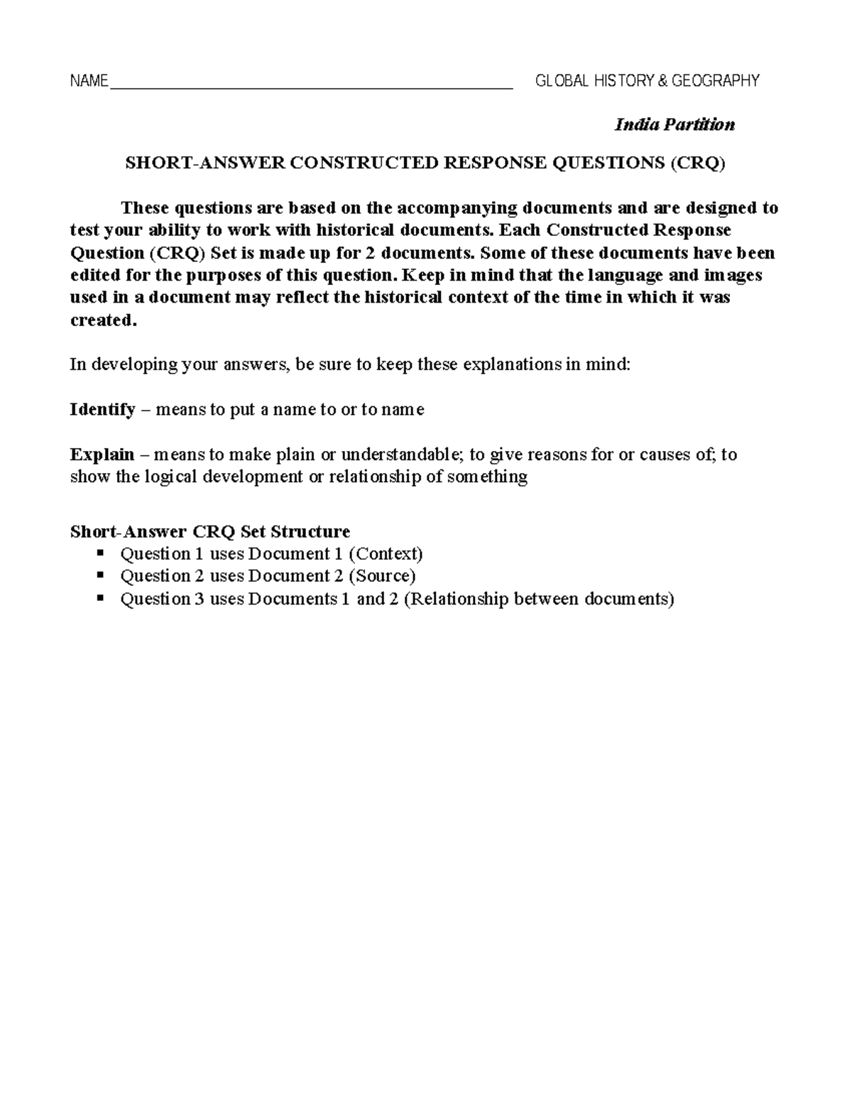 GLOBAL HISTORY GEOGRAPHY: India Partition CRQ Analysis Guide - Studocu