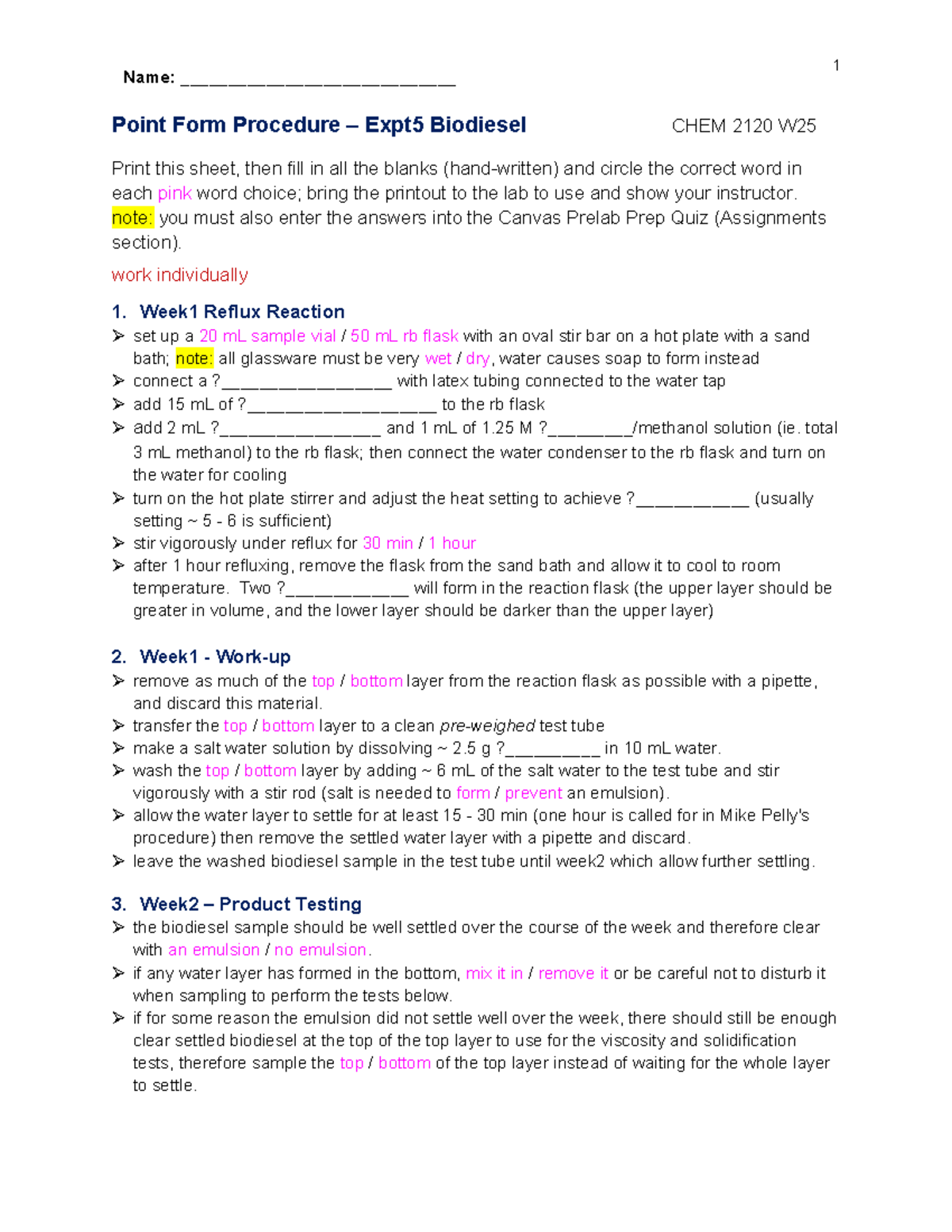 Point Form Procedure for Expt5: Biodiesel CHEM 2120 W - Studocu
