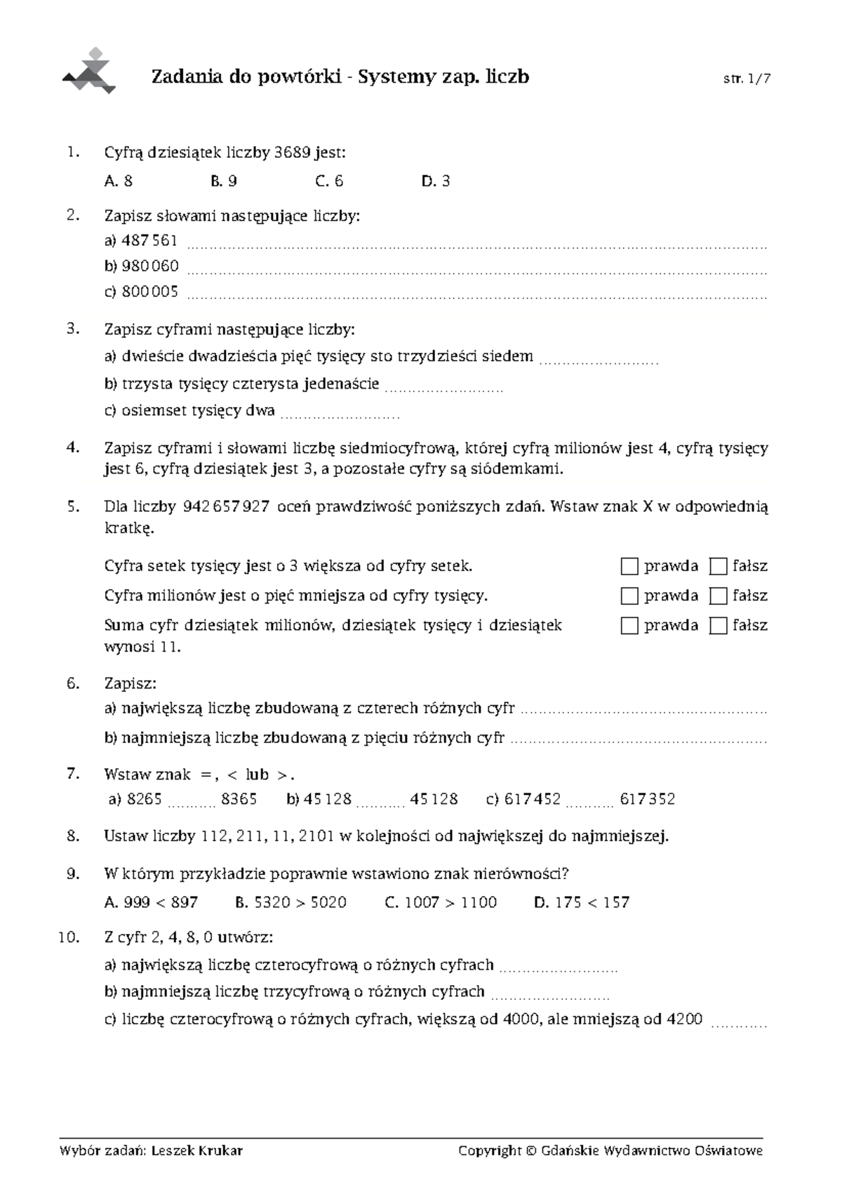 Sprawdzian Kl 4 System Zapisywania Liczb www.studocu.com