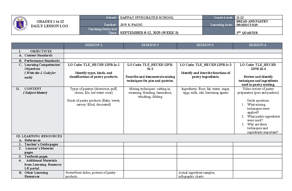 WEEK 3 Daily Lesson Log (DLL) for BREAD AND PASTRY - Production - Studocu