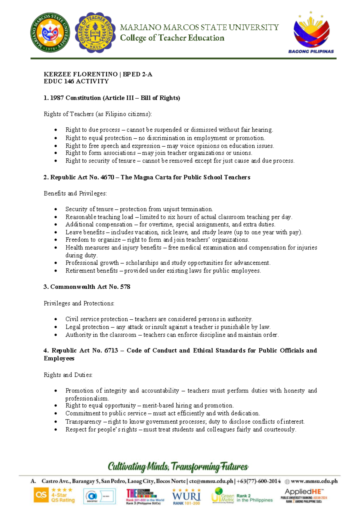 EDUC 146 Activity 1: Rights and Protections of Teachers in the ...