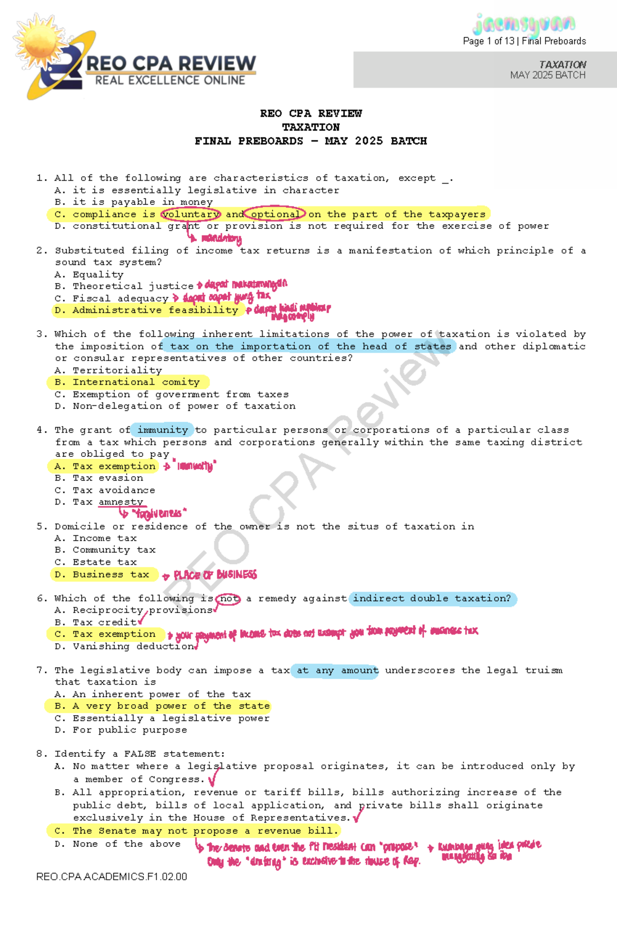 Final Preboards TAXATION REO CPA Review May 2025 Batch - Annotated ...