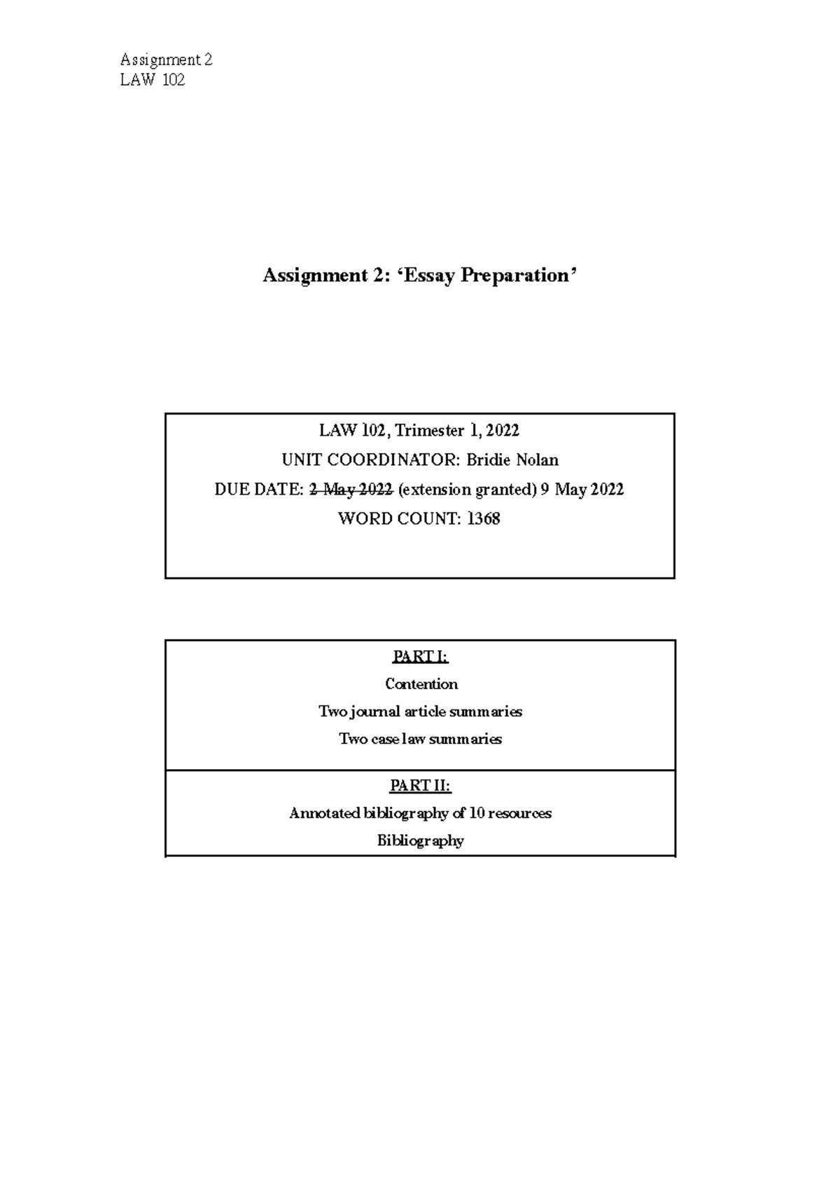 LAW 102 Assignment 2 - Essay Preparation & Case Summaries 2022 - Studocu