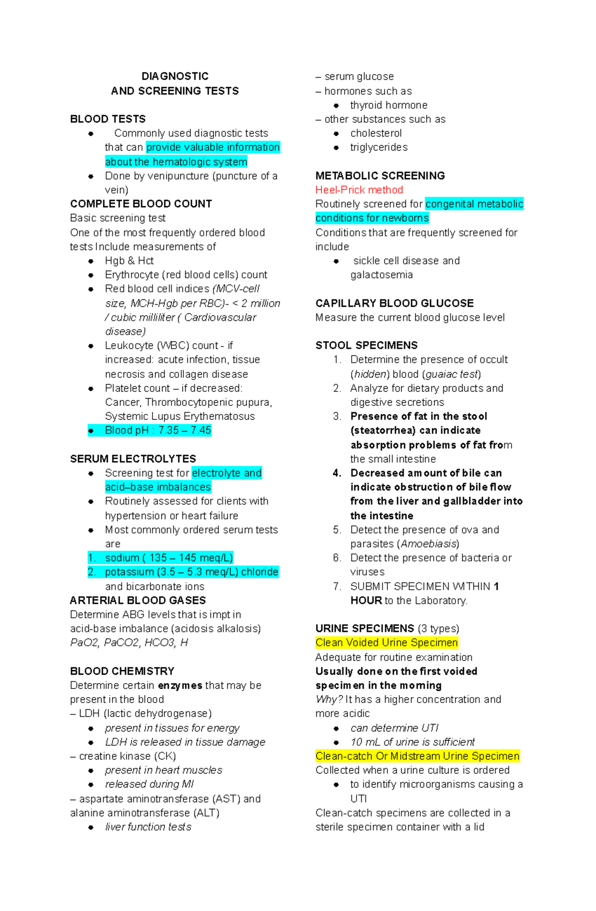 FROM Study Materials - lab - DIAGNOSTIC AND SCREENING TESTS BLOOD TESTS ...