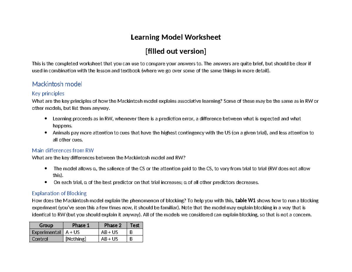 PS261 Learning Model Worksheet: Key Principles & Explanations - Studocu