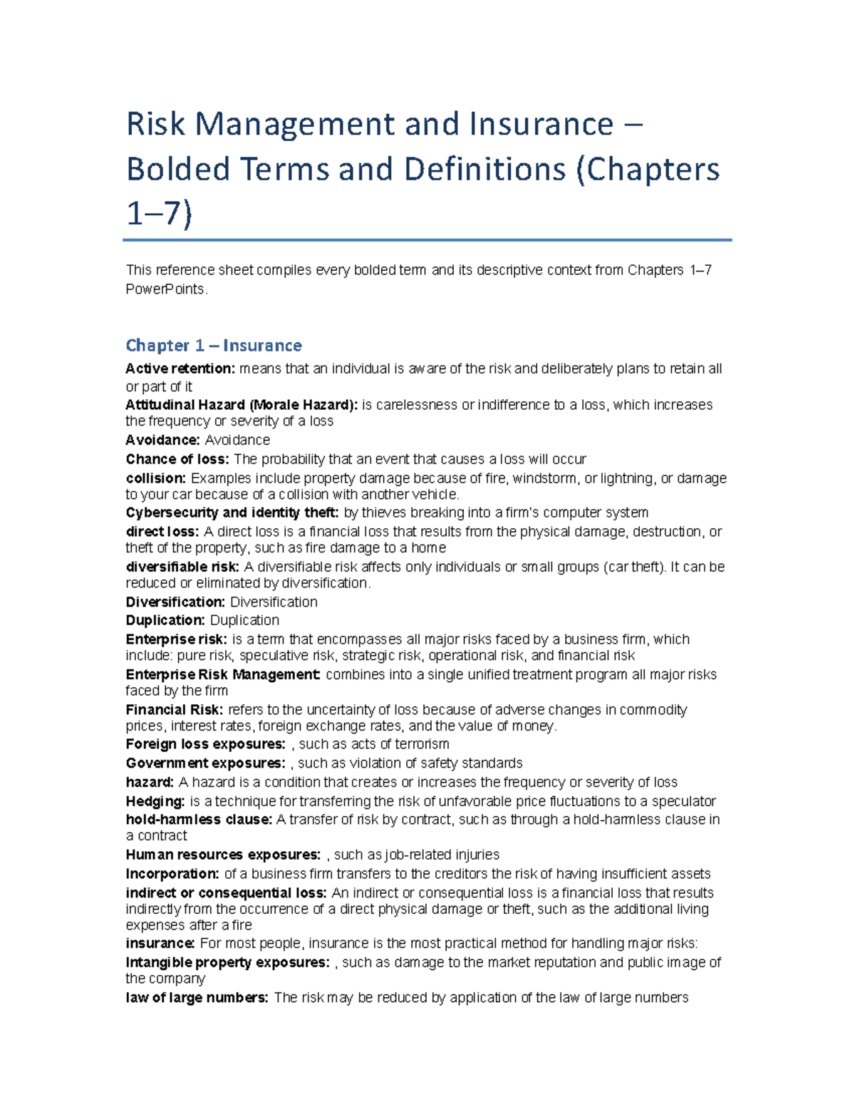 Key Insurance Terms and Definitions (Chapters 1-7) - Study Guide - Studocu