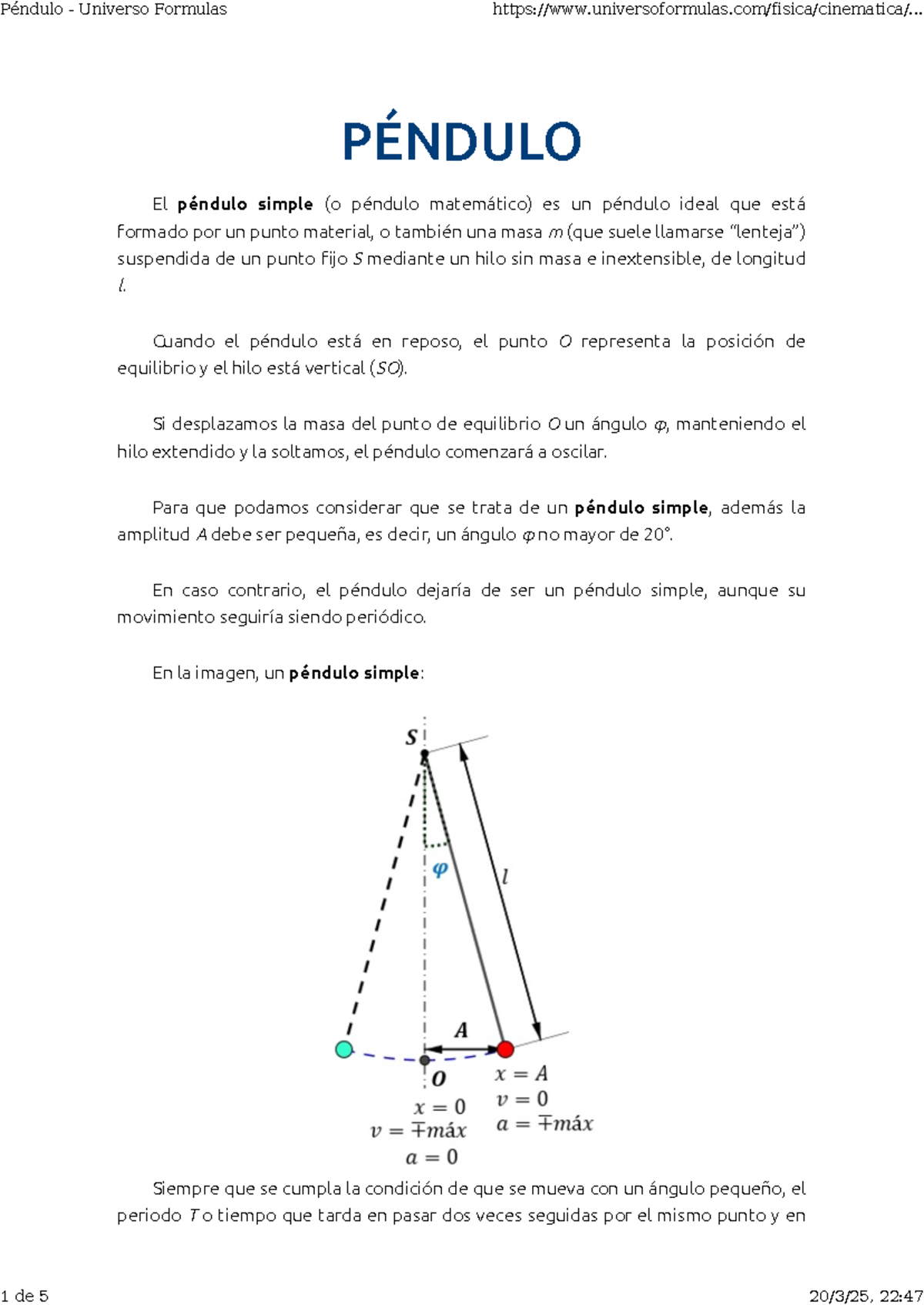 Péndulo - Universo Formulas - PÉNDULO El péndulo simple (o péndulo ...