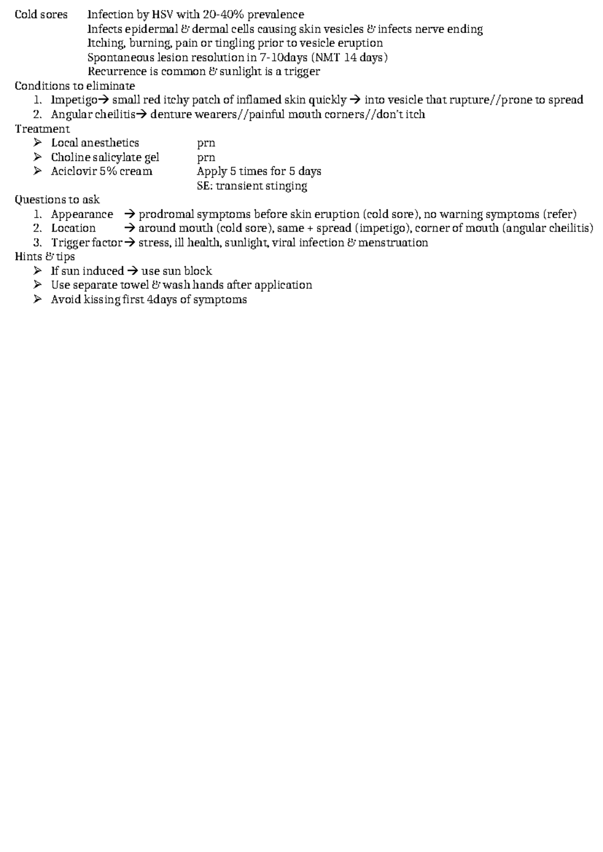 Cold sore - Notes - Cold sores Infection by HSV with 20-40% prevalence ...
