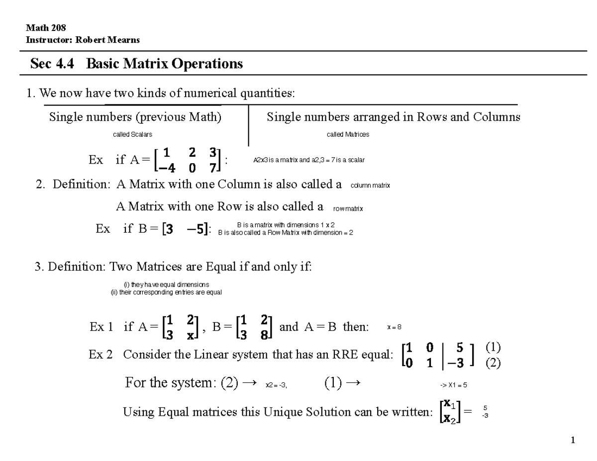 Math 208 Lecture Notes: Sec 4.4 Basic Matrix Operations - Studocu
