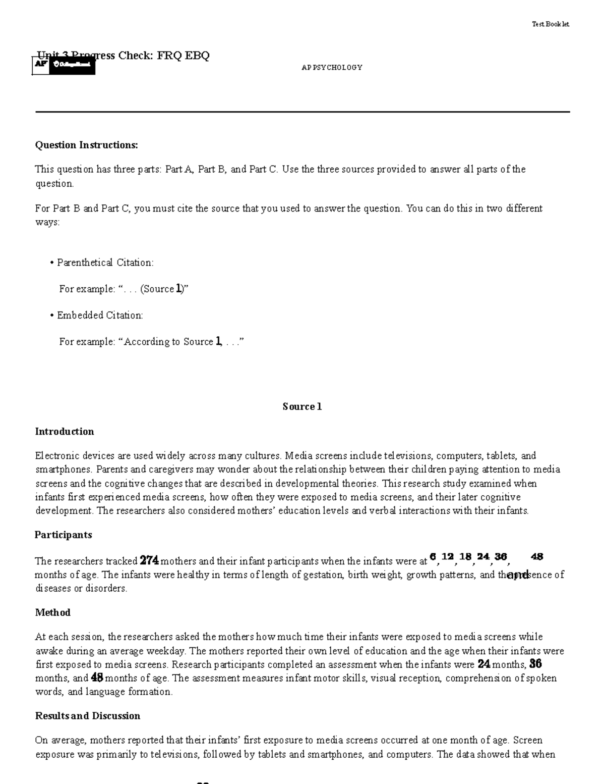 Unit 3 Progress Check FRQ EBQ Analysis on Screen Time & Cognitive Dev