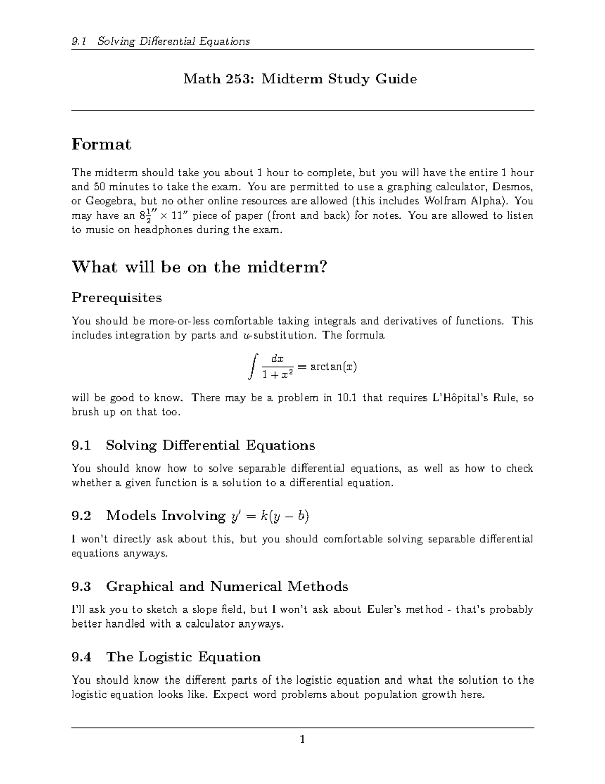 Math 253: Midterm Study Guide on Differential Equations and Sequences ...