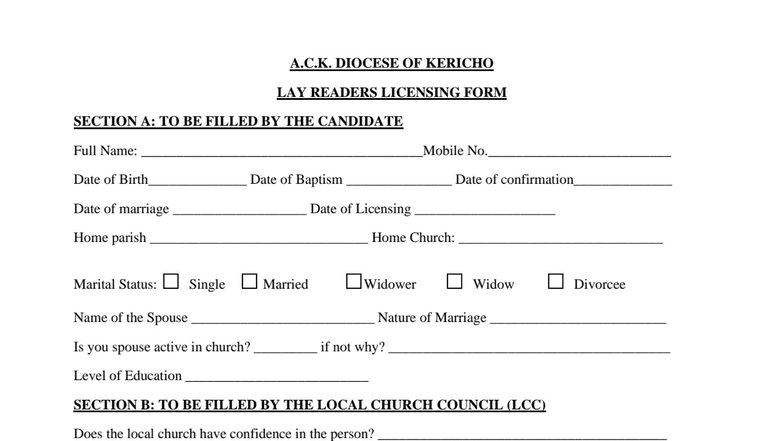 Lay Readers Licensing Form 2025 - A.C.K. Diocese of Kericho - Studocu